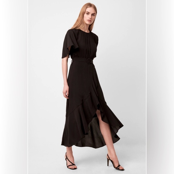 🏷️ NWT French Connection Emina Drape Belted Midi Dress in Black. Size 6-8 - Picture 2 of 7